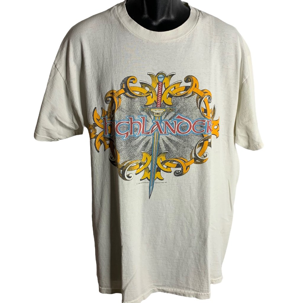 Vintage 1996 Highlander Crewneck T Shirt Xl White Short Sleeve Macleod Promo
